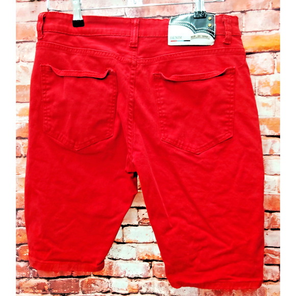 Demolition Capri Jeans Mens 36 Red Denim Stacked Zipper Five Pocket Y2K Grunge - Picture 2 of 8